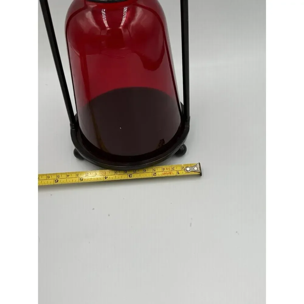 VTG Red GLASS METAL STAND Chimney Candle Hurricane Holder Lantern 17